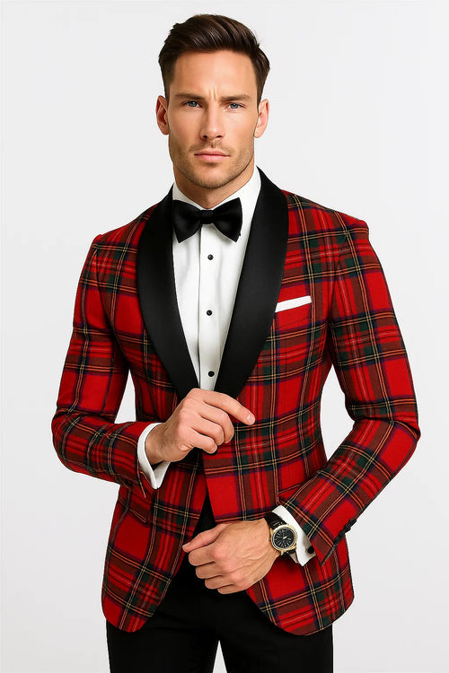 Cheap Tuxedos - Affordable Prom Suit - Men's Holiday Christmas Red Tartan Plaid Blazer