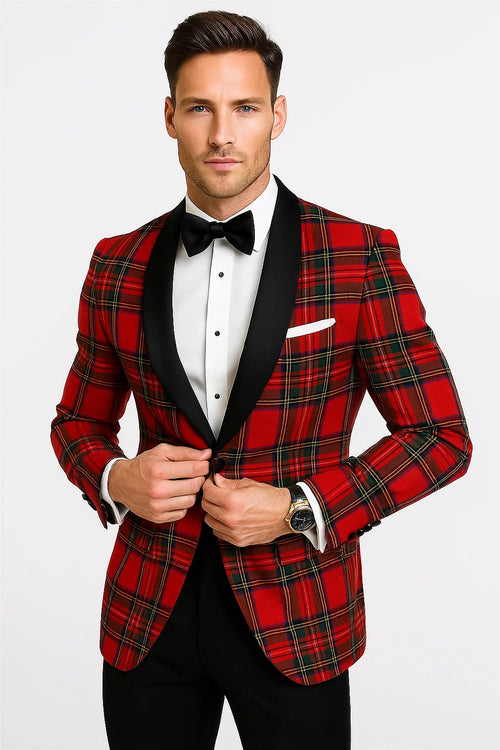 Cheap Tuxedos - Affordable Prom Suit - Men's Holiday Christmas Red Tartan Plaid Blazer