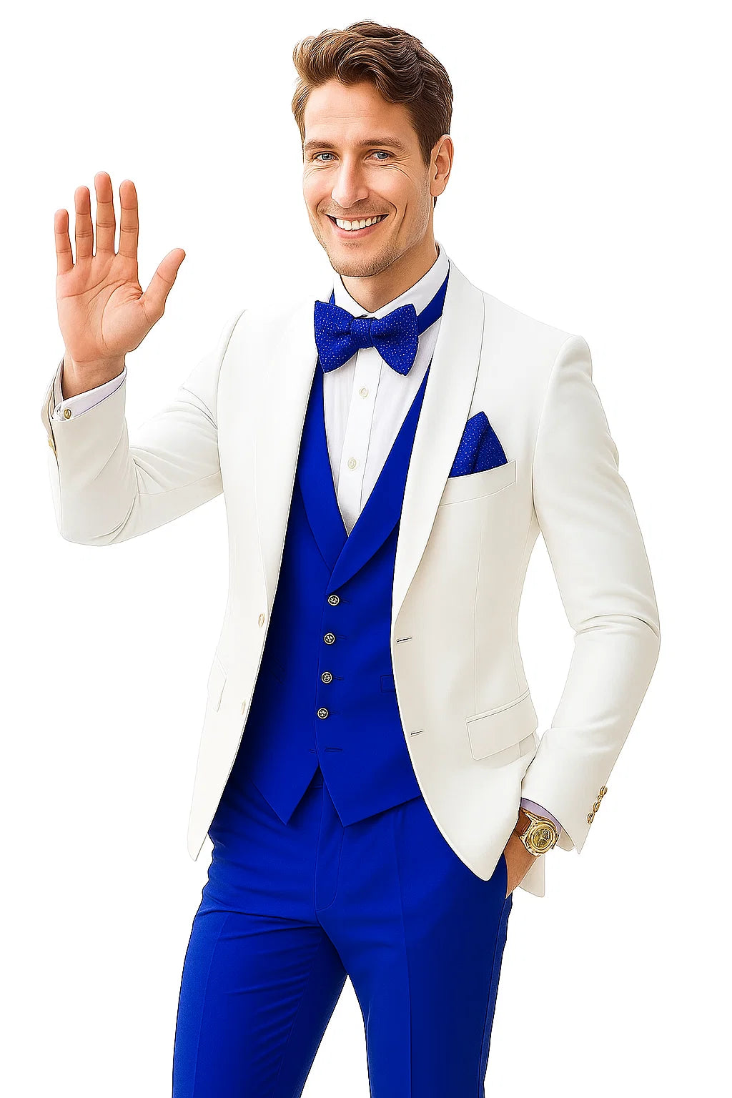 White and Royal Blue Tuxedo Wedding Suit - White Dinner Jacket + Vest + Pants + Bow-tie