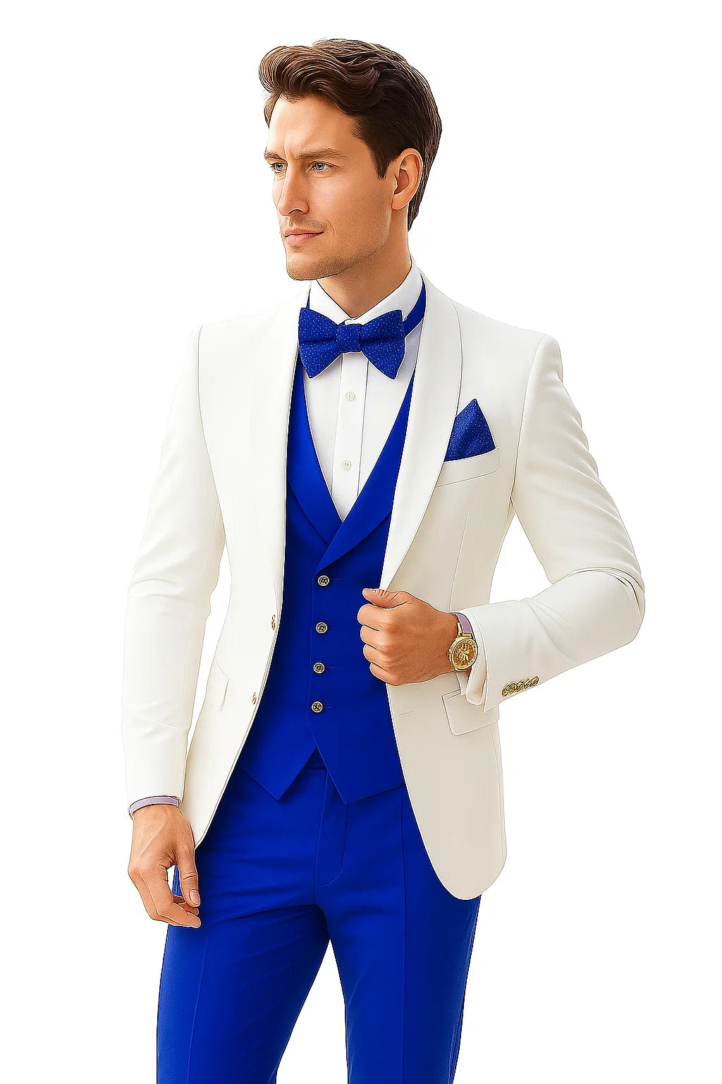 White and Royal Blue Tuxedo Wedding Suit - White Dinner Jacket + Vest + Pants + Bow-tie