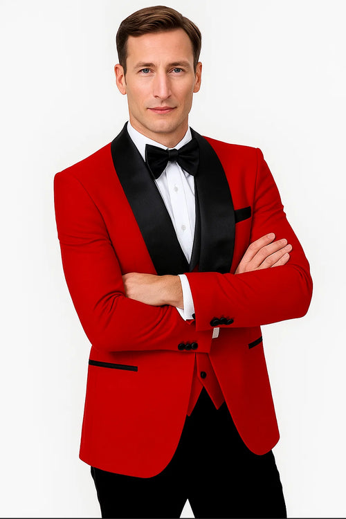 Red Prom Tuxedo Suit - Red Wedding Suit - Mens Vested Square Shawl Paisley Prom & Wedding Tuxedo In Red