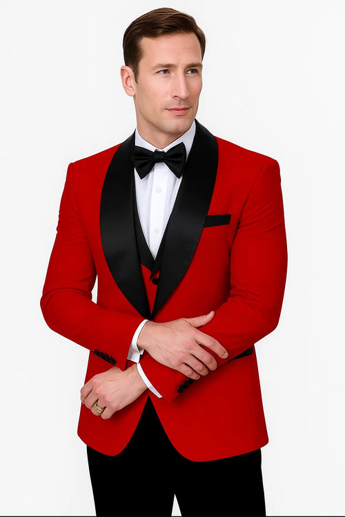 Red Prom Tuxedo Suit - Red Wedding Suit - Mens Vested Square Shawl Paisley Prom & Wedding Tuxedo In Red