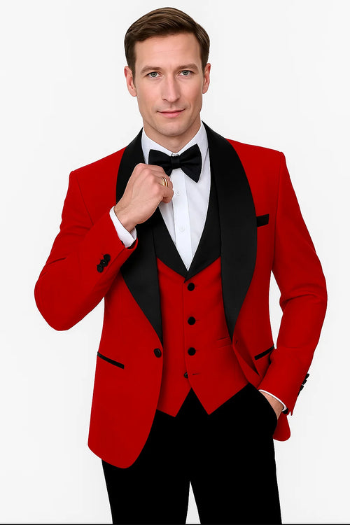 Red Prom Tuxedo Suit - Red Wedding Suit - Mens Vested Square Shawl Paisley Prom & Wedding Tuxedo In Red