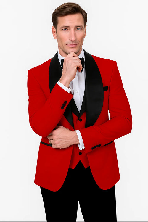 Red Prom Tuxedo Suit - Red Wedding Suit - Mens Vested Square Shawl Paisley Prom & Wedding Tuxedo In Red