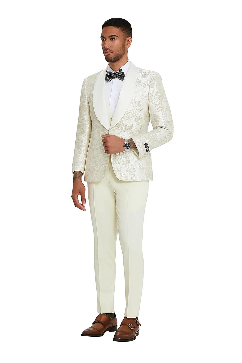 2024 Ivory Shiny Floral Mens 3pc Suit by Tazzio