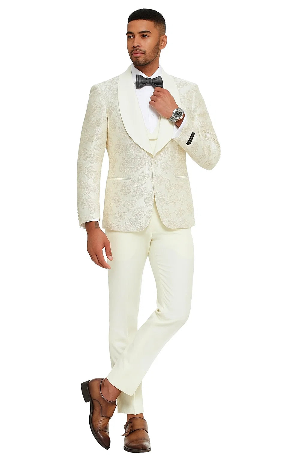 2024 Ivory Shiny Floral Mens 3pc Suit by Tazzio