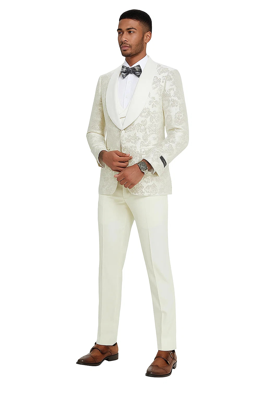 2024 Ivory Shiny Floral Mens 3pc Suit by Tazzio