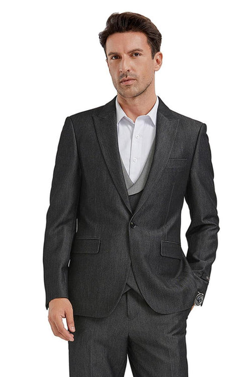 Tazio Men's Black Sharkskin One-Button Vest Suit β Classic Peak Lapel Cut. - USA Men's Outlet
