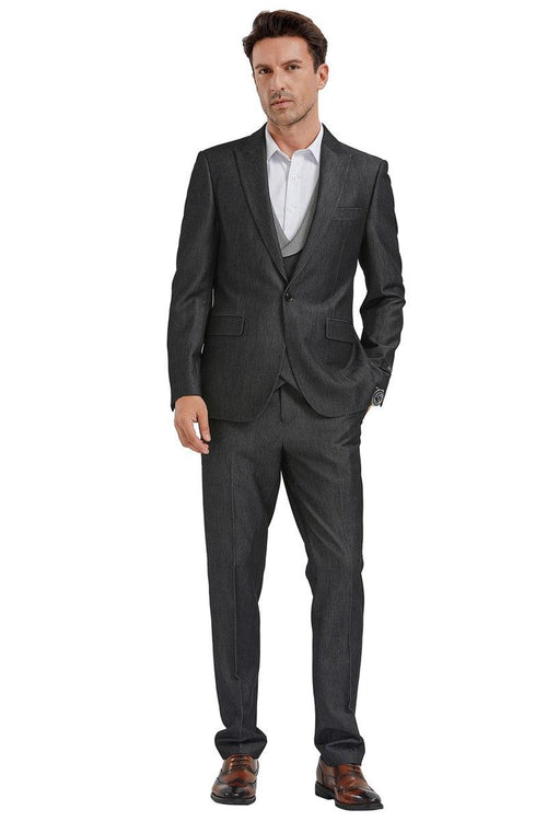 Tazio Men's Black Sharkskin One-Button Vest Suit β Classic Peak Lapel Cut. - USA Men's Outlet