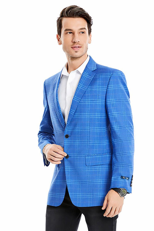 Tazio Men's Plaid Blazer: 2 Button Reg Fit, Light Blue Windowpane - Elegant Mensattire