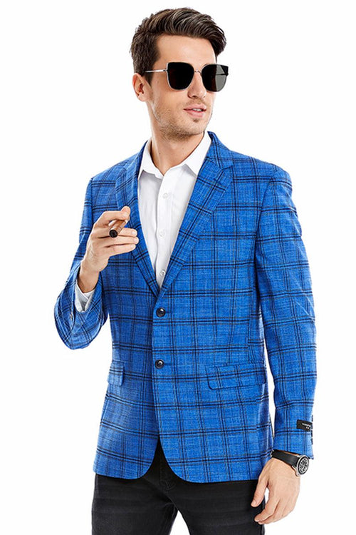Tazio Men's Royal Blue Glen Plaid Slim Fit Sport Coat Blazer, 2-Button - Elegant Mensattire