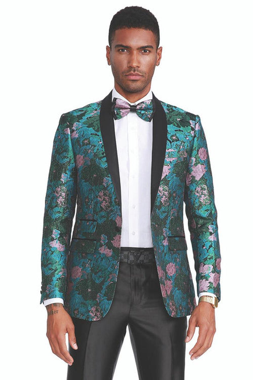 .
"Tazio Paisley Floral Tuxedo - Slim Fit Shawl Lapel in Green & Pink" - USA Men's Outlet