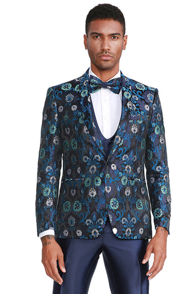 Floral Print Men's Tuxedo with Satin Vest - Navy Blue Prom & Wedding Suit by Tazzio