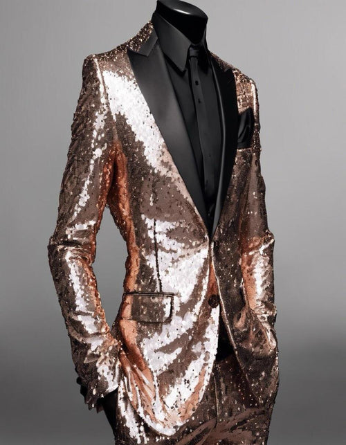 Men's Rose Gold Sequin Tuxedo Suit with Black Satin Lapel – Luxury Slim Fit Blazer for Parties and Events