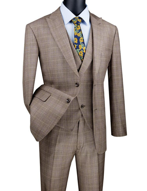 Three Piece Glen Plaid Tan Suit by Vinci