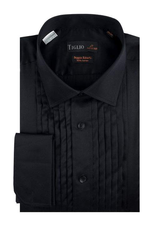 Romano Black Pleated Laydown Tuxedo Shirt by Tiglio