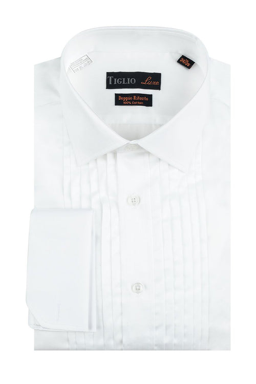 Romano White Pleated Laydown Tuxedo Shirt by Tiglio