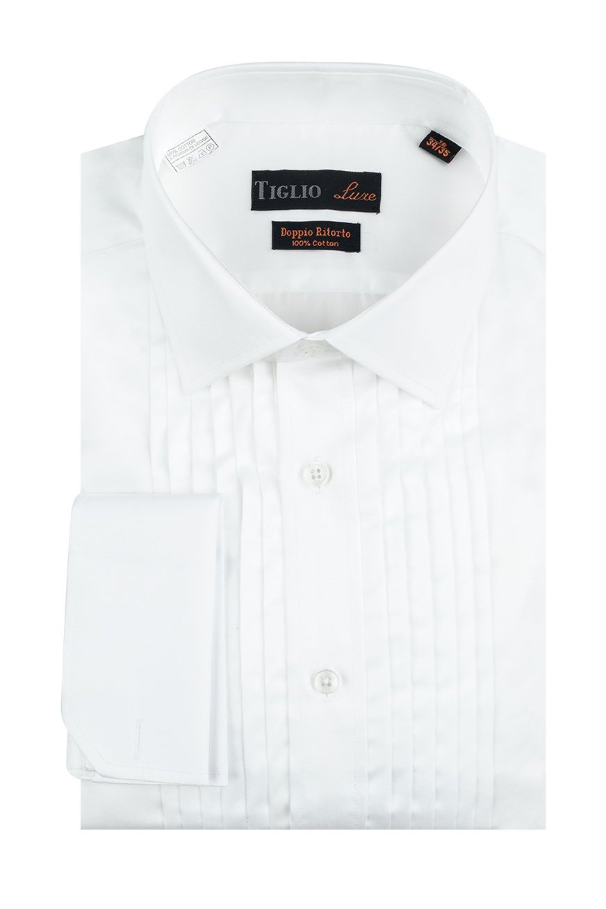 Romano White Pleated Laydown Tuxedo Shirt by Tiglio – SuitUSA