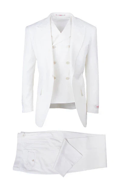 Tiglio Rosso Brand - Classic Suit Fit Pleated Pants Athletic Cut Real Wool Fabric Suit Peak Lapel Semi Wide leg Slack in Color Off-White
