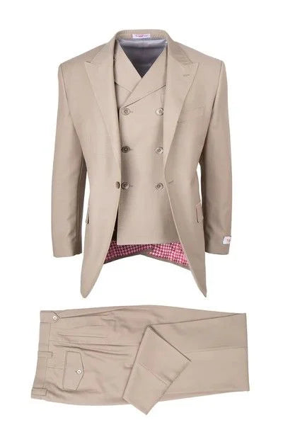Tiglio Rosso Mens 3 Piece 100% Italian Wool Tan Suit β Classic Fit, Peak Lapel, Wide Leg Pants