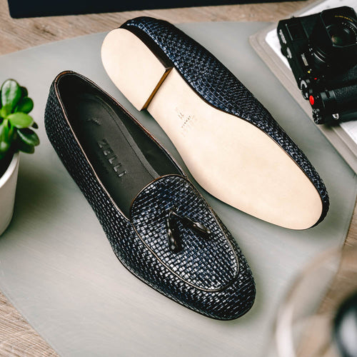Zelli Tino Woven Calfskin Tassel Loafers | Italian Slip-On Shoes in Blue