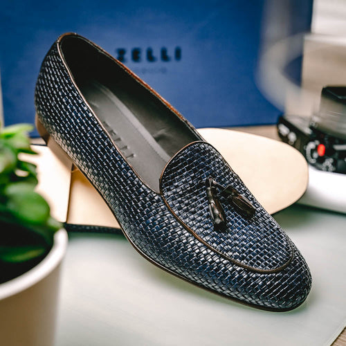 Zelli Tino Woven Calfskin Tassel Loafers | Italian Slip-On Shoes in Blue