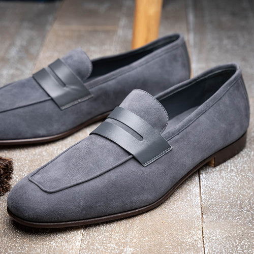 Zelli Tippa Suede and Calfskin Penny Loafers in Grey