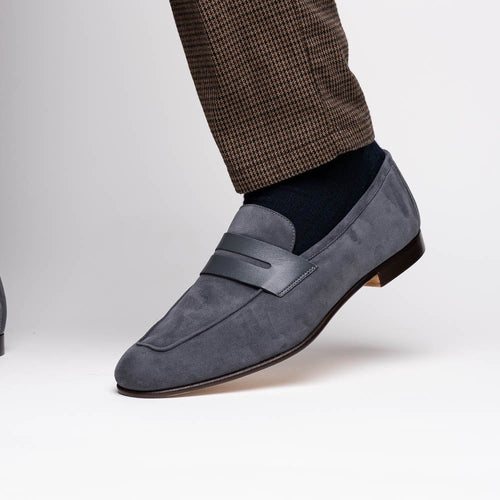 Zelli Tippa Suede and Calfskin Penny Loafers in Grey