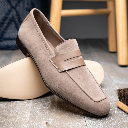 Zelli Tippa Suede and Calfskin Combination Penny Loafers in Taupe