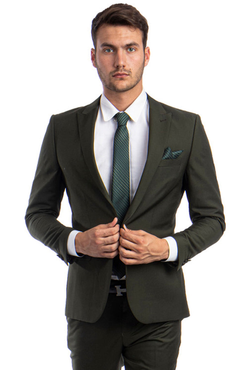 Men's Slim Fit Dark Olive Green Suit by Tazio Suits