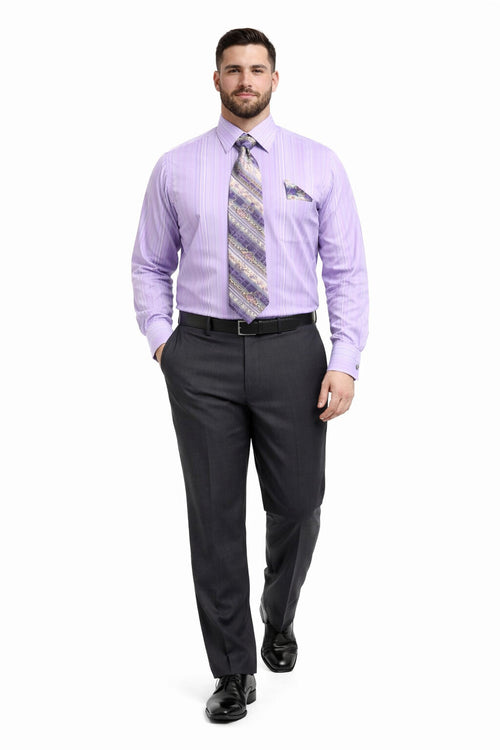 Daniel Ellissa Men's Lavender Tonal Stripe Dress Shirt, Tie & Hanky Set