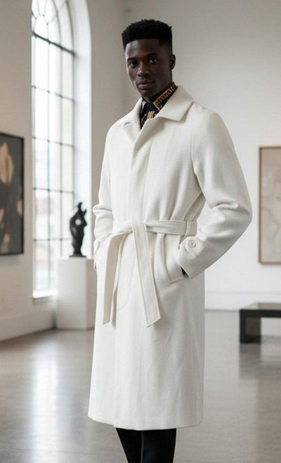 Topcoat - Falcone Mens Winter White Belted Top Coat Wool Full Length by USA Men's Outlet