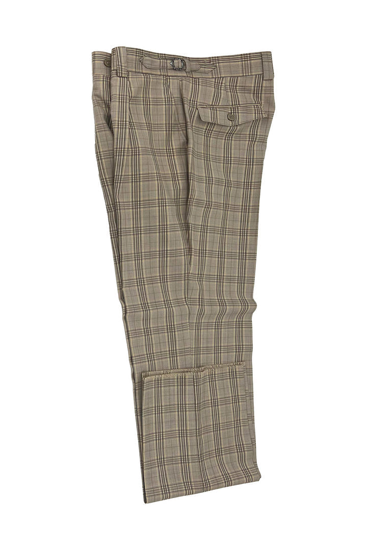 Tiglio Luxe Beige with Brown Windowpane Semi-Wide Leg Wool Marbella Dress Pants TL3119