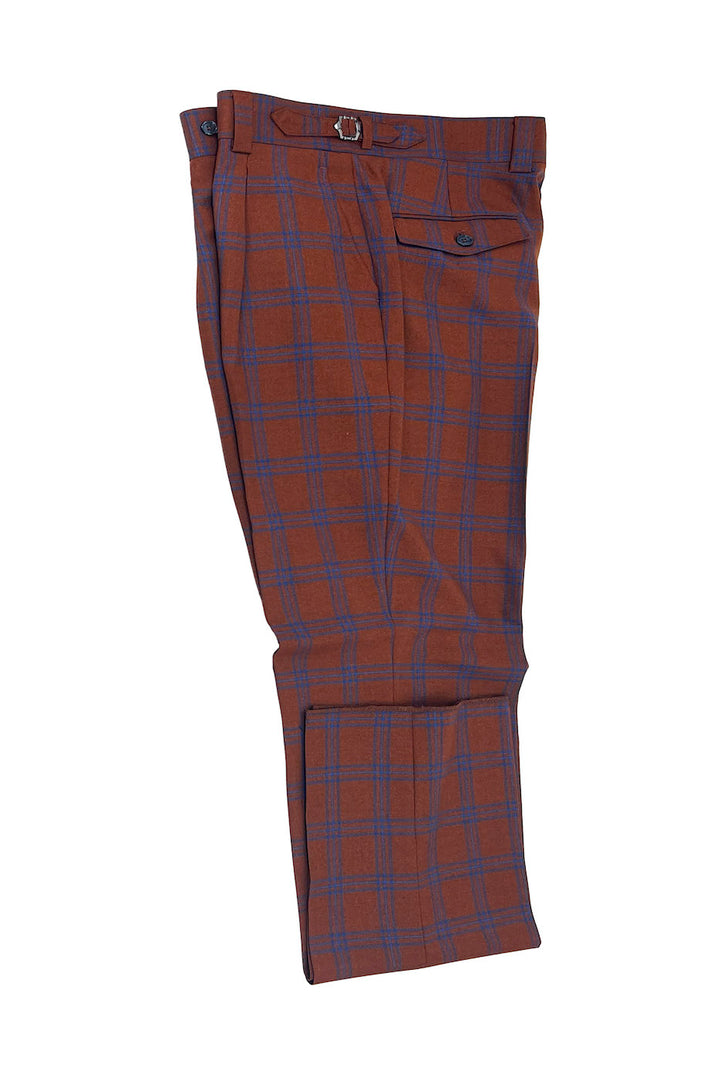 Tiglio Luxe Burnt Orange with Blue Windowpane Semi-Wide Leg Wool Marbella Dress Pants TL3302