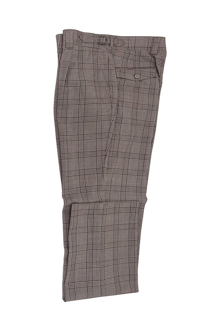 Tiglio Luxe Taupe with Burgundy Windowpane Semi-Wide Leg Wool Marbella Dress Pants TL3331