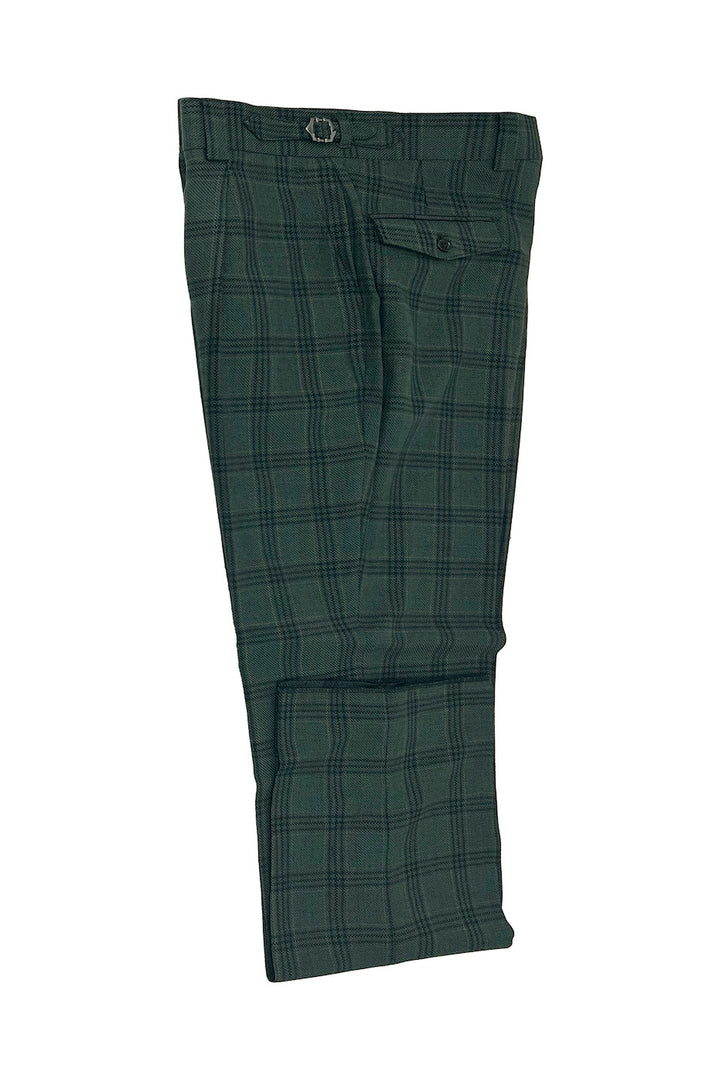 Tiglio Luxe Hunter Green with Black Windowpane Semi-Wide Leg Wool Marbella Dress Pants TL3362