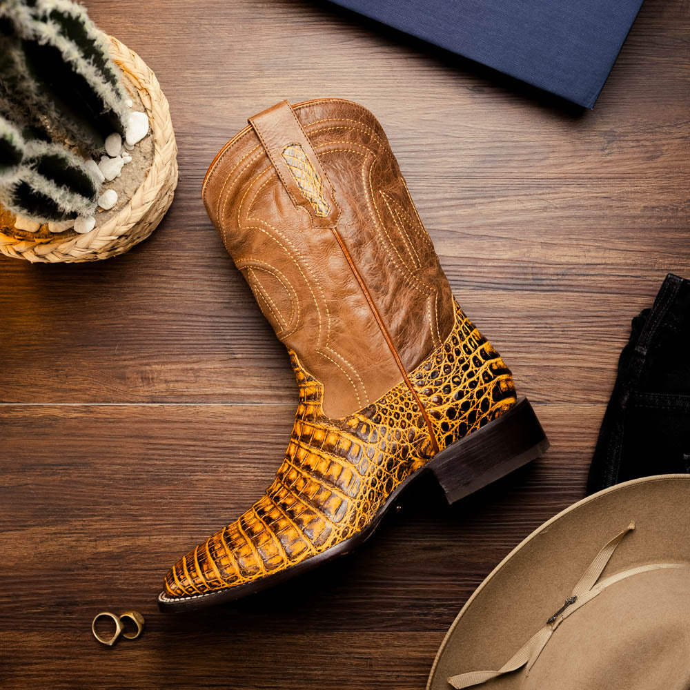 Marco Di Milano Tuscon Mustard Brown Caiman Square Toe Cowboy Boots