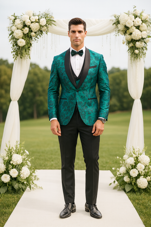 Turquoise Floral Tuxedo with Shawl Lapel β 4 Piece Set