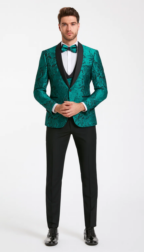 Turquoise Floral Tuxedo with Shawl Lapel β 4 Piece Set