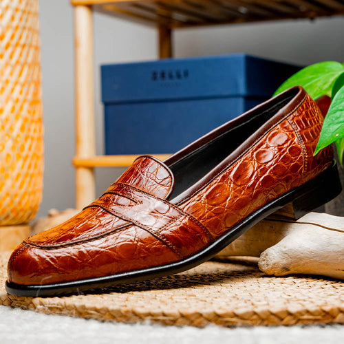 Zelli Tuscany Genuine Caiman Crocodile Penny Loafer in Cognac