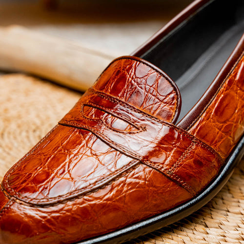 Zelli Tuscany Genuine Caiman Crocodile Penny Loafer in Cognac
