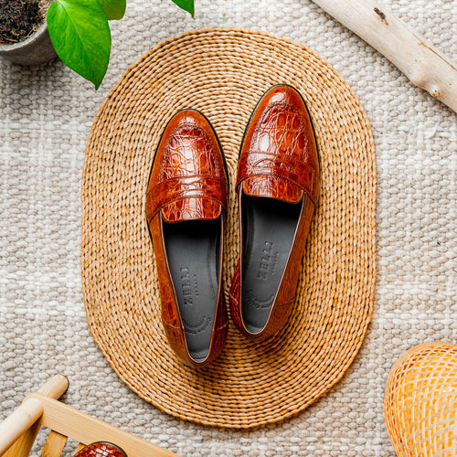 Zelli Tuscany Genuine Caiman Crocodile Penny Loafer in Cognac