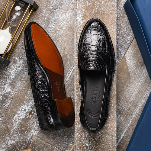 Zelli Tuscany Genuine Caiman Crocodile Penny Loafer in Black