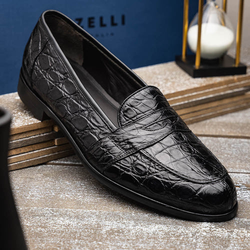 Zelli Tuscany Genuine Caiman Crocodile Penny Loafer in Black