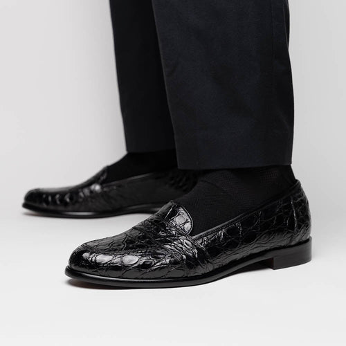 Zelli Tuscany Genuine Caiman Crocodile Penny Loafer in Black