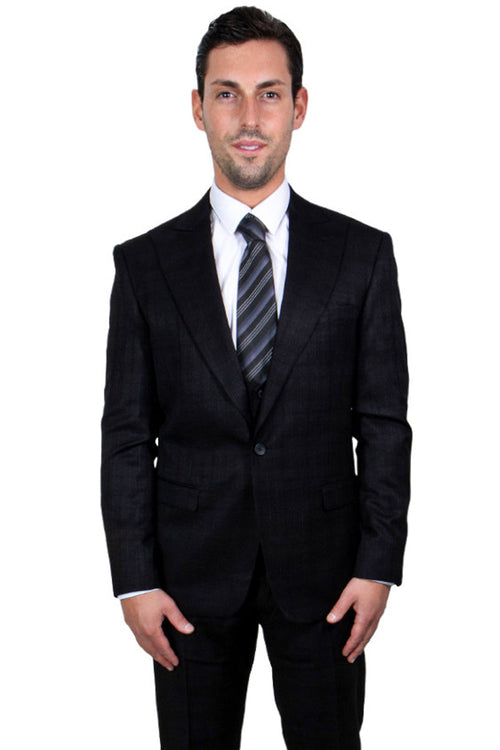 Men's Stacy Adams Black Glen Plaid 1-Button Vested Suit