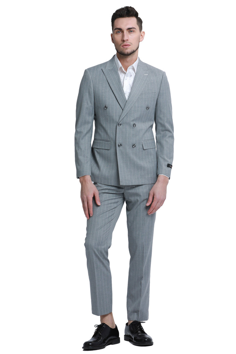 Men's Double Breasted Pinstripe Suit in Grey