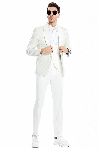 Men's Vested Ivory Suit with Honeycomb Lace Detail