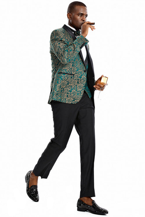 Men's Green & Gold Paisley One Button Tuxedo
