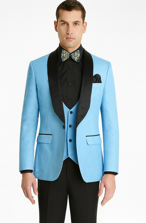 Unique Prom Suits - Interesting Fun - Men's Slim Fit Vested Paisley Light Blue Wedding Tuxedo